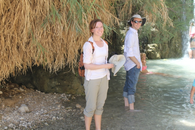 Trent and Rebekah Dutton enjoying the waterfalls and pools of Ein Gedi. Rebekah did, in fact, stand under one of the waterfalls. (Photo by Luke Chandler) 