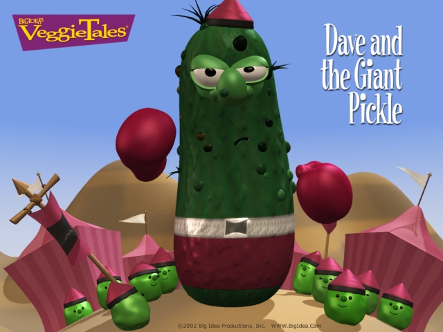 Even VeggieTales puts the Giant Philistine Pickle in the desert sand and brown, barren hills. (Image from VeggieTales.com)